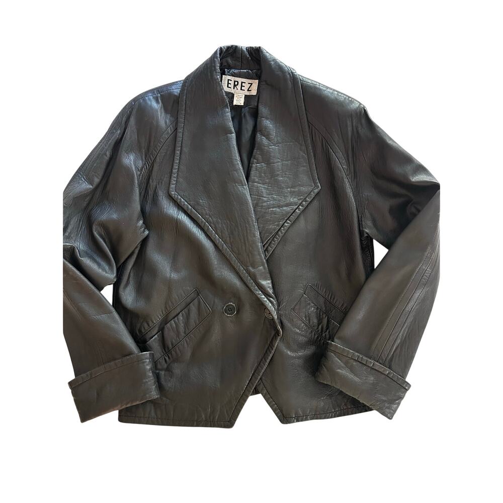Vintage EREZ Black Leather Blazer Jacket Oversized Double Breasted USA M